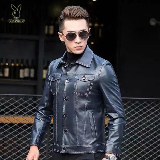 Playboy (PLAYBOY) 2025 New Genuine Leather Jacket Korean Style Trendy Slim Handsome Short Fashion Casual Leather Jacket Men's Jacket Black M 165 Code-100-115Jin Jin is equal to 0.5 kg