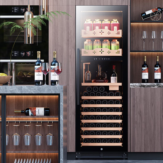 Baikelen variable frequency wine cabinet embedded constant temperature wine cabinet zero-embedded refrigerated cabinet compressor air-cooled frost-free liquor wine display cabinet transparent beverage tea household living room transparent 1.8 meters丨dual temperature丨hanging glass of red wine丨420L thin section