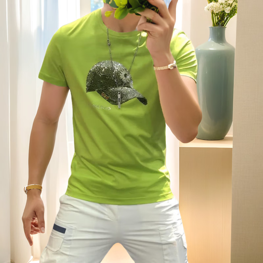 
GIOCP Hong Kong trendy brand summer new mercerized cotton hat ironing diamond short sleeve internet celebrity personality trendy slim half-sleeved T-shirt men orange 733 hat 4XL