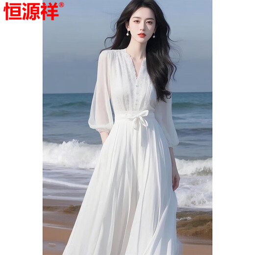 恒源祥白色新款连衣裙夏季温柔系穿搭高端精致轻奢高级感海边度假风 白色连衣裙2025上新 L 建议107-117斤