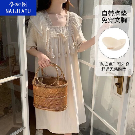 奈加图加长版自带胸垫睡裙短袖宽松学生睡衣女夏季公主风宿舍过膝可外穿 【带胸垫】16853加版 M