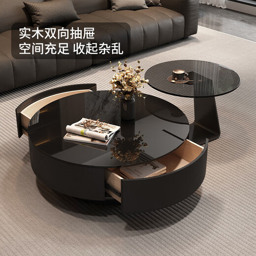 夏弥圆形茶几客厅轻奢高级感2025新款黑玻璃轻奢意式简约茶几 【木作款70cm】茶几+边几
