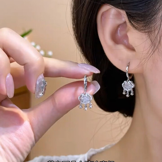 KZD Old Phoenix 999 Sterling Silver Needle Cat's Eye Safe Lock Earrings Earrings Long Life Lock Women's Earrings Cat's Eye Ruyi Safe Lock Earrings