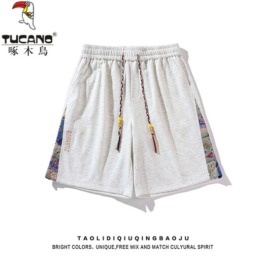Woodpecker Japanese retro bear embroidered casual shorts men and women summer trendy couple loose wide-leg sports five-point pants flower white M