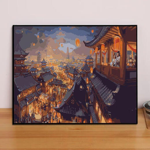 接运猫高难度钢琴世家数字油画diy手工填色绘画礼物华灯初上客厅 ZL679日本茶屋 40*50送外框(黑白金)颜色备注 单独