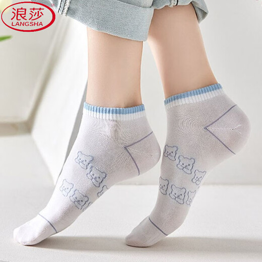 浪莎（LangSha）春夏季新款男女袜子短筒夏款百搭纯色ins袜船袜透气日系可爱短袜 【蓝色小熊】 均码 5双