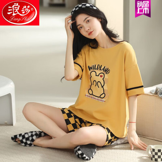Langsha 2025 Nouveau pyjamas en coton pur pour les femmes en été, des rayures à manches courtes peuvent être portées à l'extérieur. 9855 (ensemble) M recommandé 80-100jin [Jin est égal à 0,5 kg]