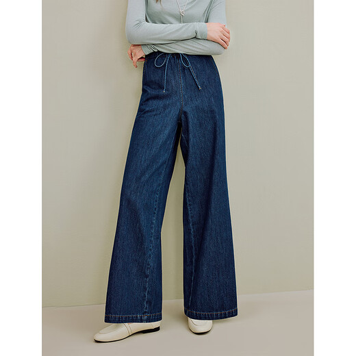 
Inman retro lace-up elastic wide-leg jeans 2025 autumn women's new straight trousers trousers denim blue S