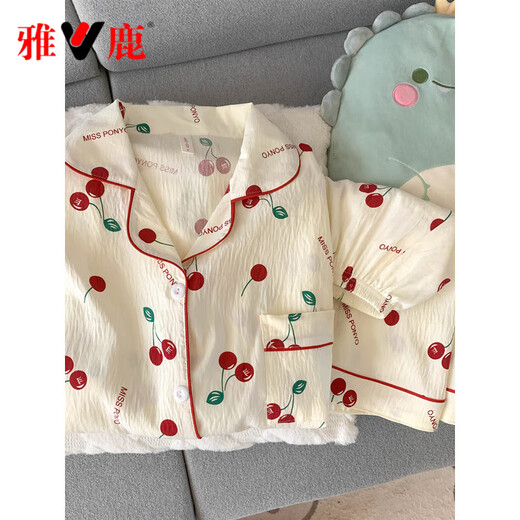 Yalu Pure Cotton Gauze Pyjamas pour femmes Pantalons à manches courtes Été trois pièces Sweet Cherry Cardigan Vêtements à domicile printemps et automne Yunduo Cotton-9905 # Black Love Treece Set M [Suggestion 75-100jin [Jin est égal à 0,5 kg]]]