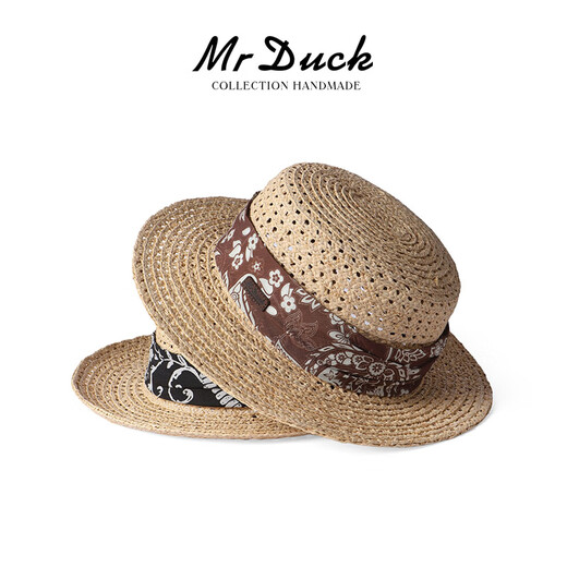 Mr DUCK2025秀场款 进口马达加斯加 拉菲草帽子女 夏天法式平顶礼帽镂空 本草/佩斯利啡棕（镂空平顶帽） M（55-57cm）