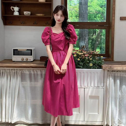 法式复古粉色连衣裙女2025夏季泡泡袖收腰显瘦公主长裙子D1396 玫红色 2XL 【130-145斤】