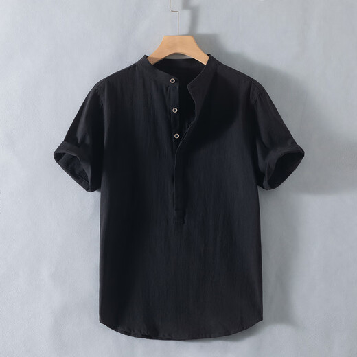 Muji superior product Henry collar linen short-sleeved shirt men's collarless men's cotton and linen shirt t-shirt top polo Muji superior product RC210 black 4XL