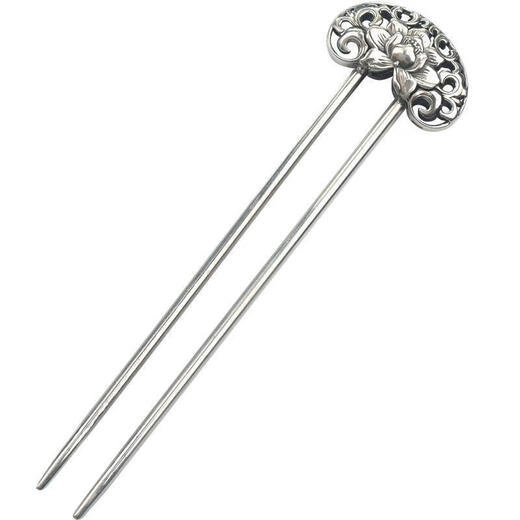 KZD Old Phoenix 999 sterling silver distressed hairpin Chinese retro style hollow peony hairpin pattern Hanfu tied hair headdress retro U-shaped peony.