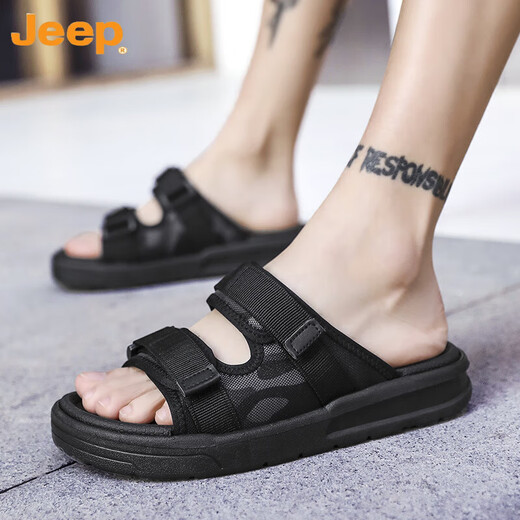 吉普（JEEP）拖鞋男2024新款魔术贴夏季外穿潮流一字拖男款防滑青少年沙滩凉鞋 黑色 43