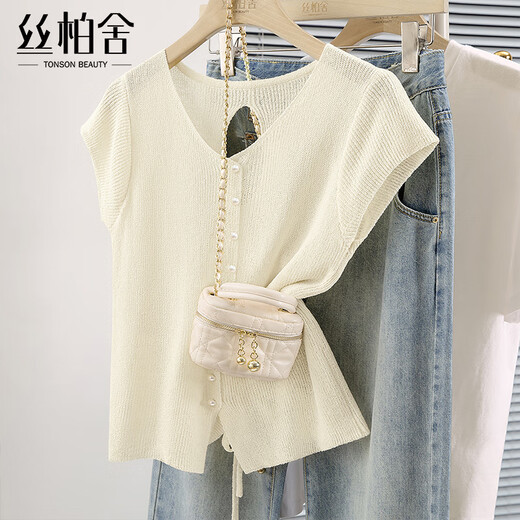 丝柏舍V领针织衫2025夏装新款女装单排扣修身显瘦镂空短款上衣