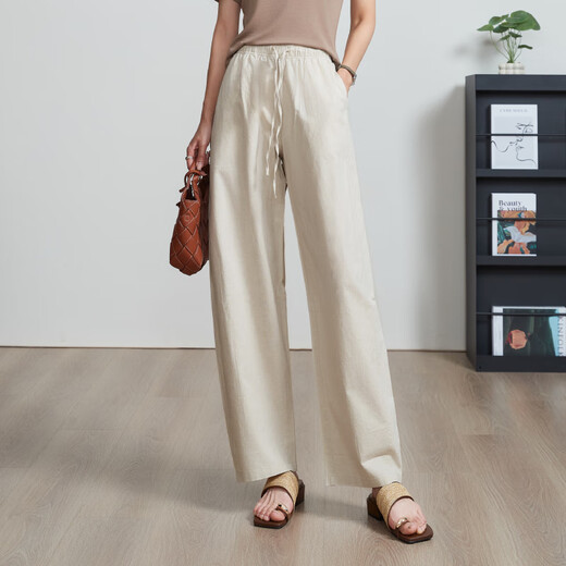 逸阳亚麻香蕉裤女2025夏新款高腰舒适白色宽松阔腿棉麻薄款休闲裤 木本色 30