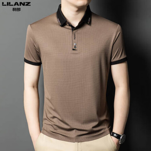 Lilang 2025 Camiseta de manga corta para hombres NUEVA Camiseta de solapa de seda de seda de hielo de verano POLO DE MEDIO Y JOVEN NEGOCIO CAMISO MARRÓN BRODN 13573 M 165