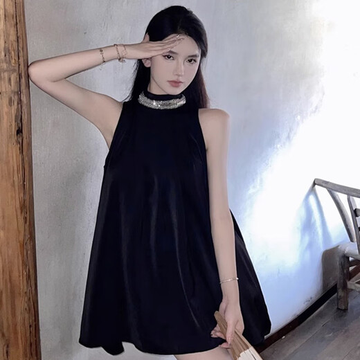 
Muni French black sleeveless halter neck dress 2025 new off-shoulder evening dress skirt heavy industry loose miniskirt halter neck short dress [black] single size