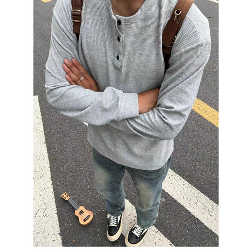 NYING American Henry collar long-sleeved t-shirt for men in autumn and winter new trendy brand simple sweatshirt large size loose inner shirt HT24913 black XL (130-150Jin Jin equals 0.5kg)