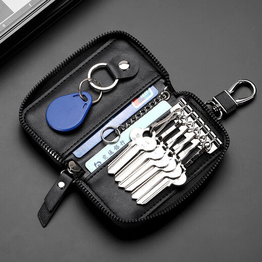 Geflochtener Autoschlüsseltasche für Männer mit echtem Leder Textur Key Deckung für Frauenkartenbeutel große Kapazität Reißverschluss Schloss Zugang Schnalle Schwarz