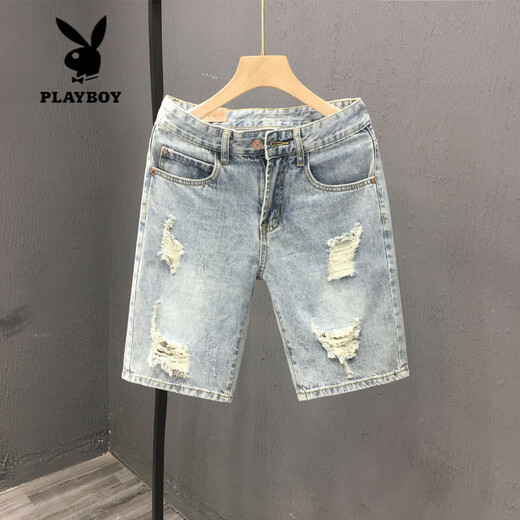 
Playboy (PLAYBOY) trendy internet celebrity guy ripped denim shorts men ins casual beggar mid-trousers summer new four-five 5-point pants (T693) blue 28 (recommended 90-100 Jin [Jin equals 0.5 kg])