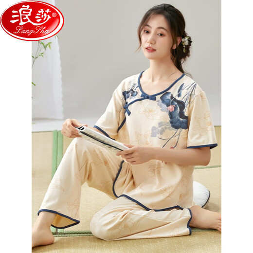 
Langsha 2525 new Chinese style pajamas women's suit summer thin trousers pure cotton home clothes can be worn outside LZY9904 L size (recommended 95-115Jin [Jin equals 0.5 kg])