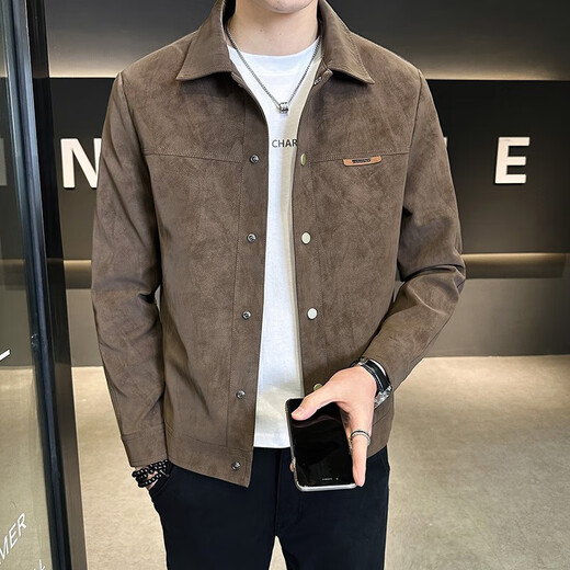 Spring and Autumn Jacket Men's 2026 New Style Young and Handsome Fashion Brand Buckskin Velvet Autumn Clothes Men's Jacket Brown 3XL Recommended 145-160Jin Jin is equal to 0.5 kg