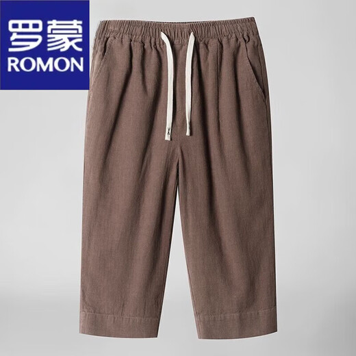 罗蒙（ROMON）2025棉麻7七分裤男士夏季宽松薄款新中式直筒短裤大码亚麻裤子 8222米色 L 1105-120  斤