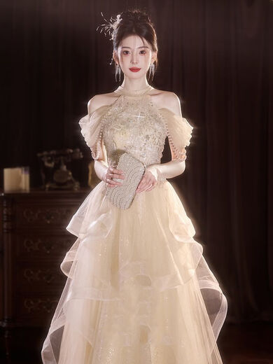 Champagne halterneck tassel evening dress for host adult ceremony, light wedding dress, high-end dressing gown, female bride's toast dress, engagement dress, champagne color XS