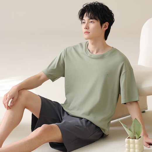猫人男士睡衣男夏季纯棉100%全棉短袖短裤套装男生宽松大码圆领家居服 绿色13601 L 【推荐100-120斤】
