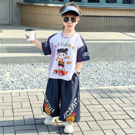 男童套装夏装2025新款中小童哪吒衣服儿童薄款两件套潮酷男孩t恤 825款-【紫色套装】 110  尺码 建议咨询客服