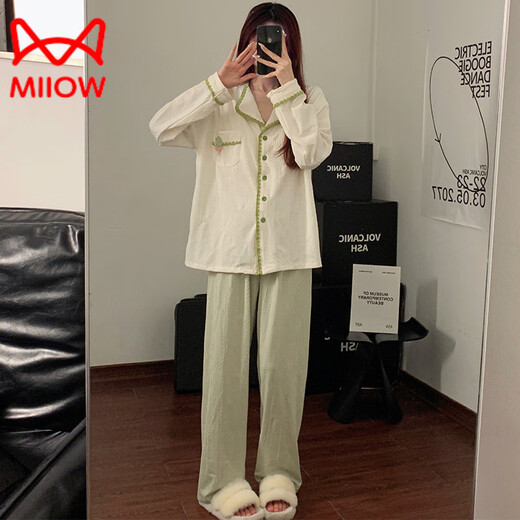 猫人（MiiOW）轻奢睡衣女春秋季纯棉长袖大码可外穿新款风带胸垫家居服套装 DJ-1391 M