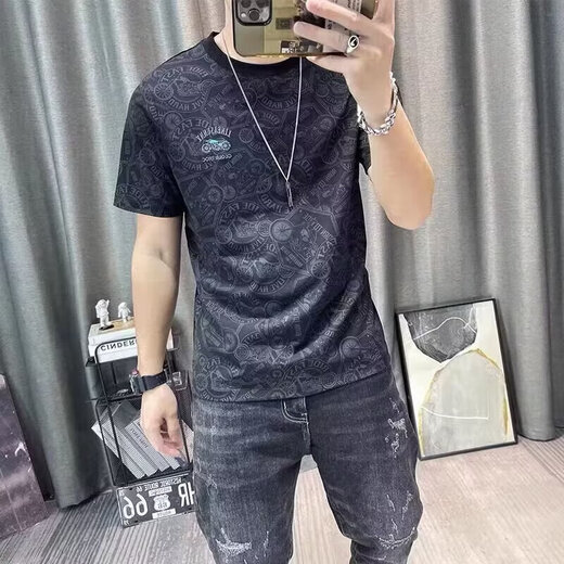 2025 Summer Nueva camiseta de manga corta para huellas bordados para hombres de moda de moda redonda delgada y versátil camisa t-t de t-t qp lu erjiu826 negro 3xl