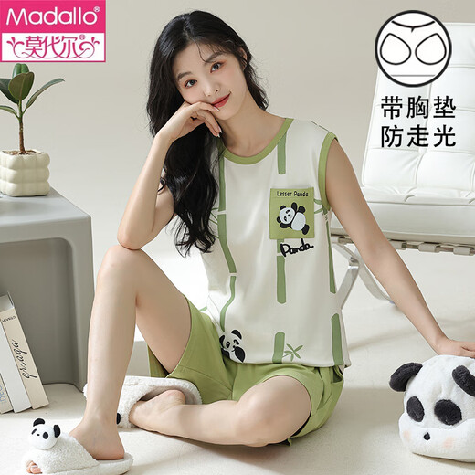 莫代尔带胸垫背心睡衣女夏季纯棉薄款夏天条纹无袖家居服套装可外穿大码 带胸垫背心套装-F9859 3XL 女 建议140-155斤