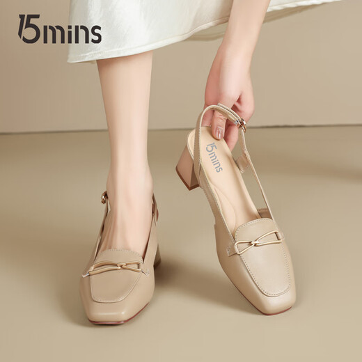 
15MINS sandals women's new summer elegant high heels one-button bag-toe single shoes D1302AQ5 apricot color 37