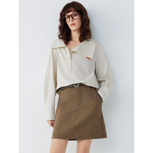 ELLE brown striped texture irregular lapel shirt for women 2025 autumn new design niche shirt striped L