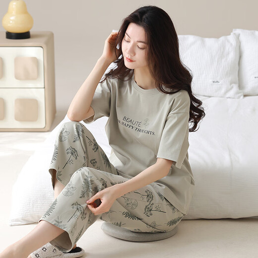 AIMU MEUGUI PAJAMAS PARA MUJER EN SUMMER ALIGO PURO Pantalones de manga corta Algodón delgado Summer Women's Ropa para mujeres Traje de primavera y otoño YZT9715 Pantalones de manga corta M 80-100Jin [Jin equivale a 0.5 kg]