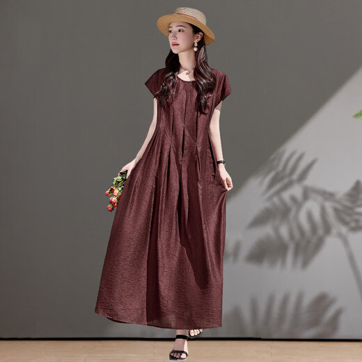Ehangy轻奢品牌连衣裙女2025夏季新款高级感时尚休闲大码女装洋气裙子 棕红色 L 约适合体重116-130斤