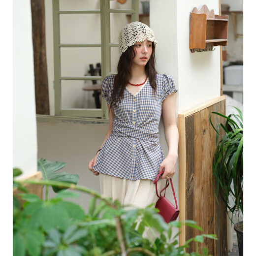 Mystery Spitzenspitze kurzärmeligte Hemd für Frauen 2025 Sommer Neue Fliege Biege Puff-Hemd Taille Top Trendy Blue Grid m