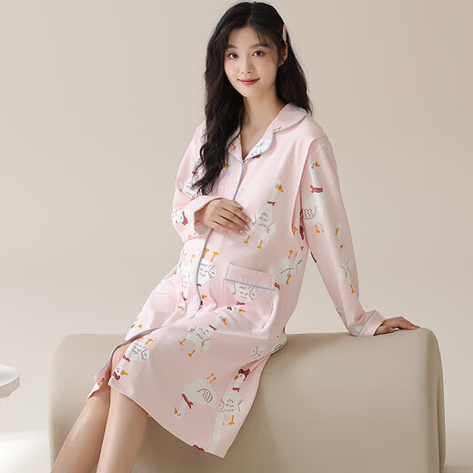 红腾（HONGTENG）碎花长裙月子服可外穿睡衣孕妇产前带胸垫公主风 11991：粉桃柔眠带胸垫开衫月子服 3XL （170-178cm，160-180斤）