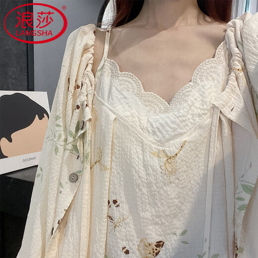 
LangSha suspender pajamas women's spring and autumn nightgown three-piece suit long-sleeved sexy cotton sweet bathrobe summer home clothes LE-9928 M