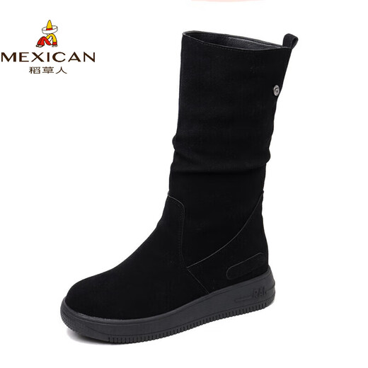 稻草人（MEXICAN）厚底防滑磨砂高靴女真皮春季加绒中筒靴平底雪地靴保暖棉鞋马丁靴 黑色棉里 37