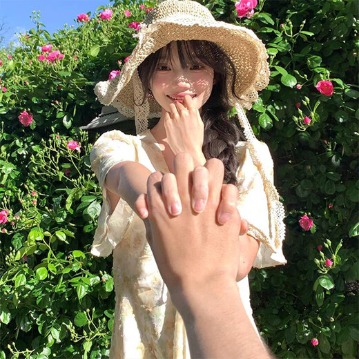 Memaru straw hat French summer straw hat women's summer sun protection hat beach beach photography hat new lace sun hat off white (bow)