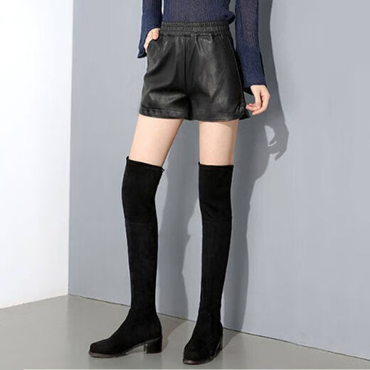 PU leather pants for women 2019 new short a-line autumn and winter pants thin high-waisted loose wide-leg leather shorts for outer wear black M (suitable for 95-110 Jin Jin equals 0.5 kg)
