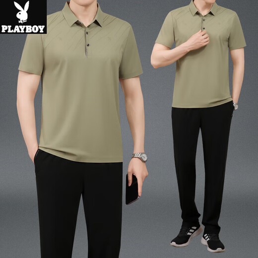 Playboy Middle-aged Dad 2025 New Men's Set Middle-aged Sports and Casual Summer Thin Daddy Two-Piece Set Men's Style YSS-9209 Khaki [Shorts] L Recommended 100-120Jin [Jin equals 0.5 kg]