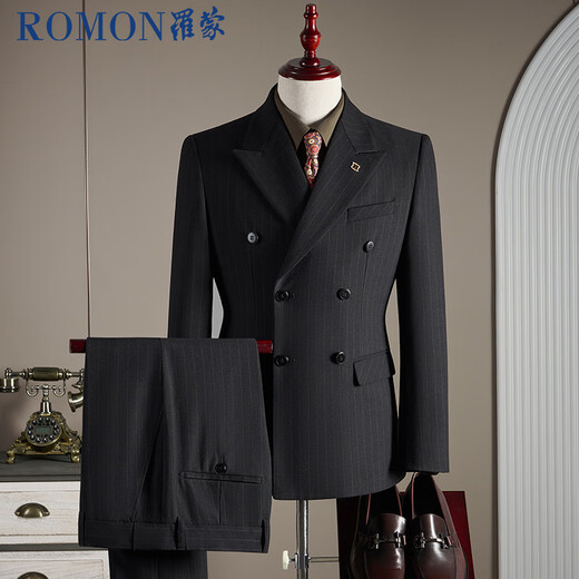 ROMON suit + vest + trousers striped double-breasted suit men's business slim formal suit navy XL