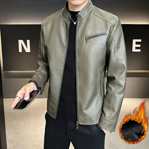 男士高档立领皮衣秋冬季新款时尚痞帅夹克加绒加厚休闲百搭皮夹克 军绿色 【加厚】 L