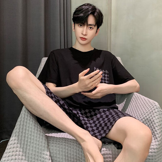 TTPMER pajamas men's summer short-sleeved thin style youth casual extra-large size 230 Jin [Jin equals 0.5 kg] fat student home clothing set 378 black diamond + 6630# Run Xiaoxin 170 Student M[80-100 Jin[Jin equals 0.5 kg]]