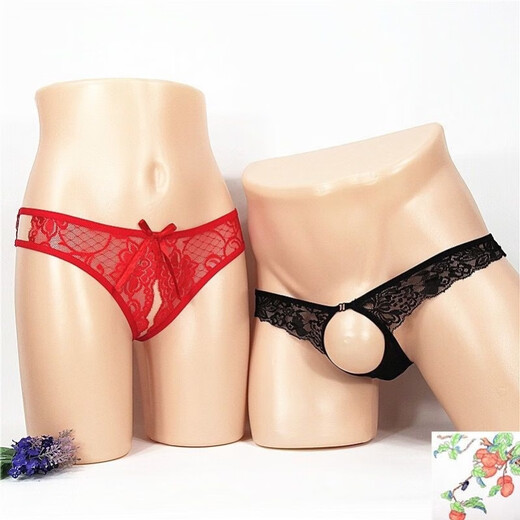 Couple Underwear Couple Passion Thong Transparent Set 2022 Trendy One Man and One Woman Open Hole and Open Crotch Free Red + Black One Size (Confidential Shipping)