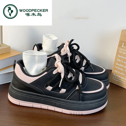 啄木鸟百搭松糕小白鞋女春夏季小众厚底板鞋2025新款增高休闲运动鞋 米白色 35